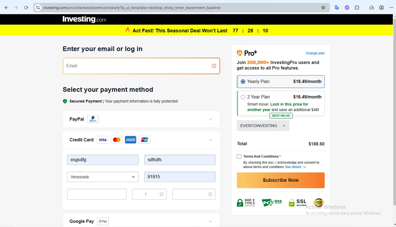 Investing.com checkout page showing Investing.com coupon code box | Screenshot taken by SimplyCodes community member on Jan 26, 2026
