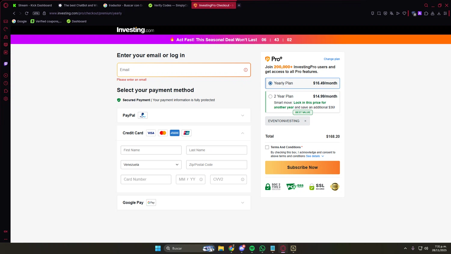 Investing.com coupon code screenshot showing code EVENTOINVESTING applied at Investing.com checkout page. Uploaded by SimplyCodes community member PrimeVirtuoso9679 on Nov 28, 2025