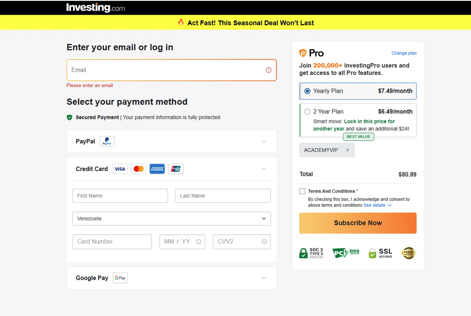Investing.com coupon code screenshot showing code ACADEMYVIP applied at Investing.com checkout page. Uploaded by SimplyCodes community member La_Cara_Mia on Dec 24, 2025