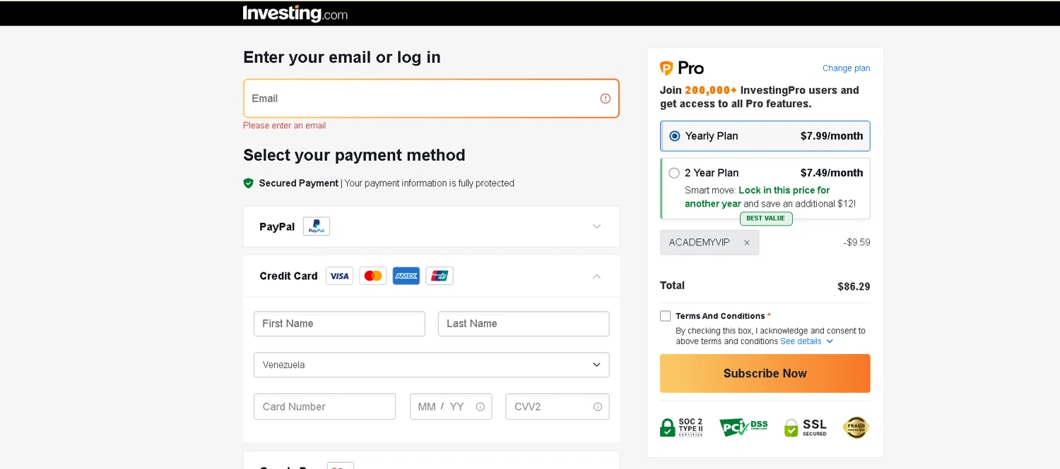 Investing.com coupon code screenshot showing code ACADEMYVIP applied at Investing.com checkout page. Uploaded by SimplyCodes community member goldhooh on Feb 20, 2026