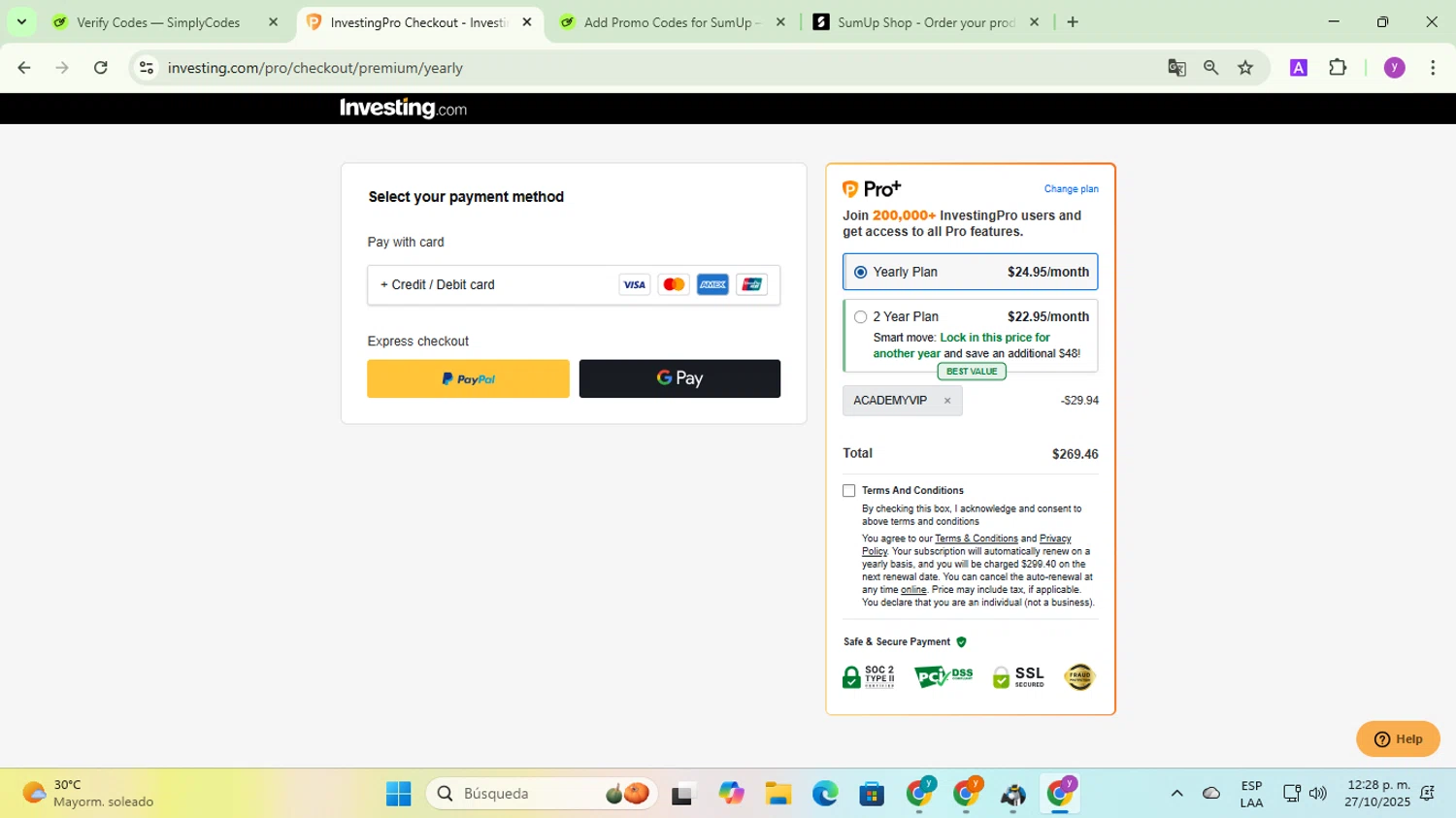 Investing.com coupon code screenshot showing code ACADEMYVIP applied at Investing.com checkout page. Uploaded by SimplyCodes community member yadicg054 on Oct 27, 2025