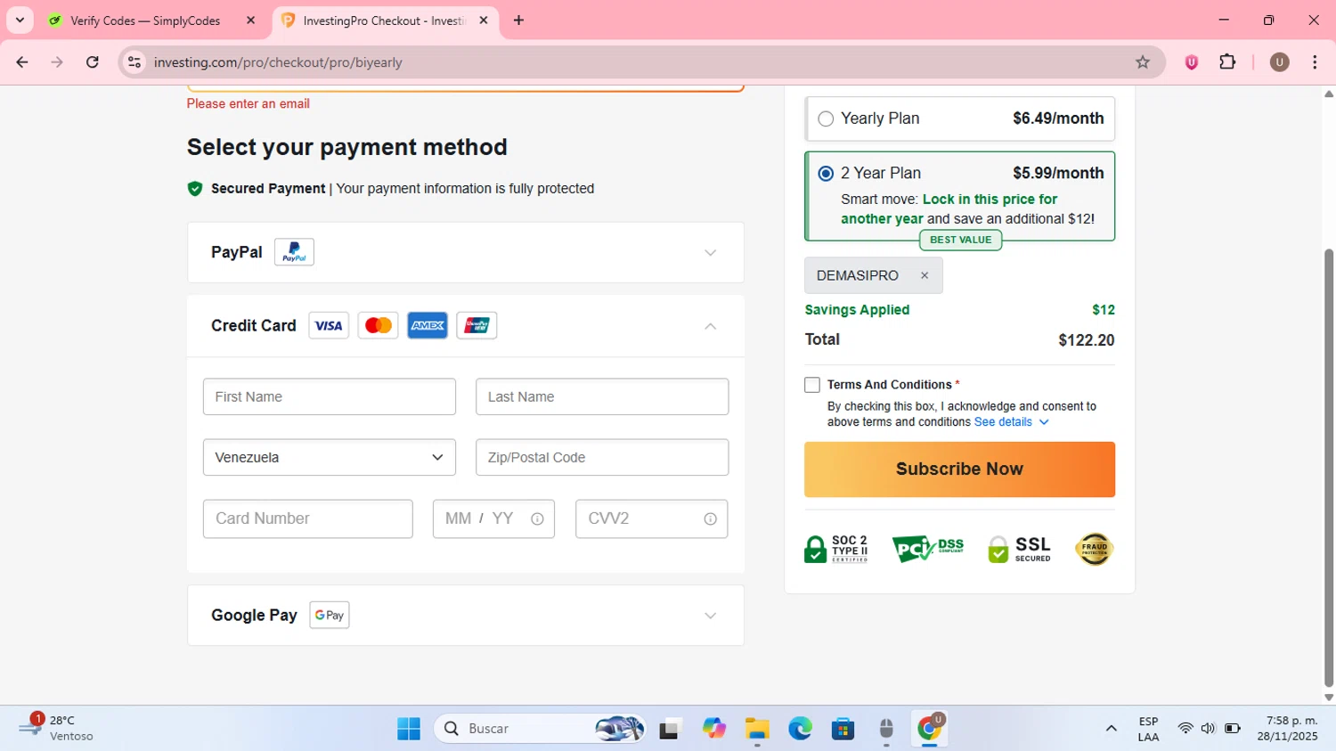 Investing.com coupon code screenshot showing code DEMASIPRO applied at Investing.com checkout page. Uploaded by SimplyCodes community member MightyPilot3700 on Nov 28, 2025