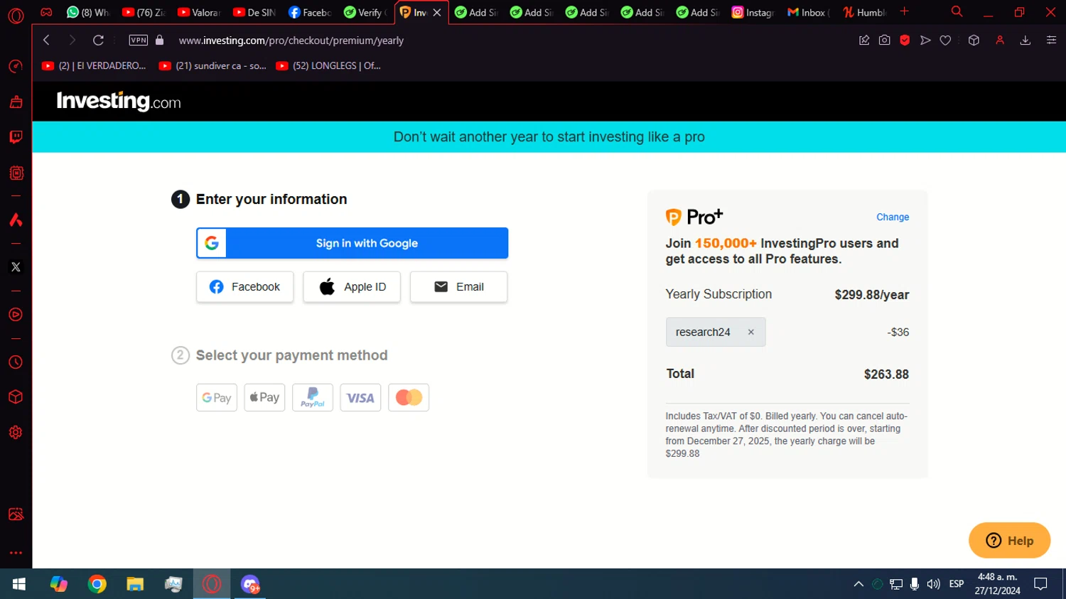 Investing Pro Plus checkout page showing Investing Pro Plus promo code box | Screenshot taken by SimplyCodes community member on Dec 27, 2024