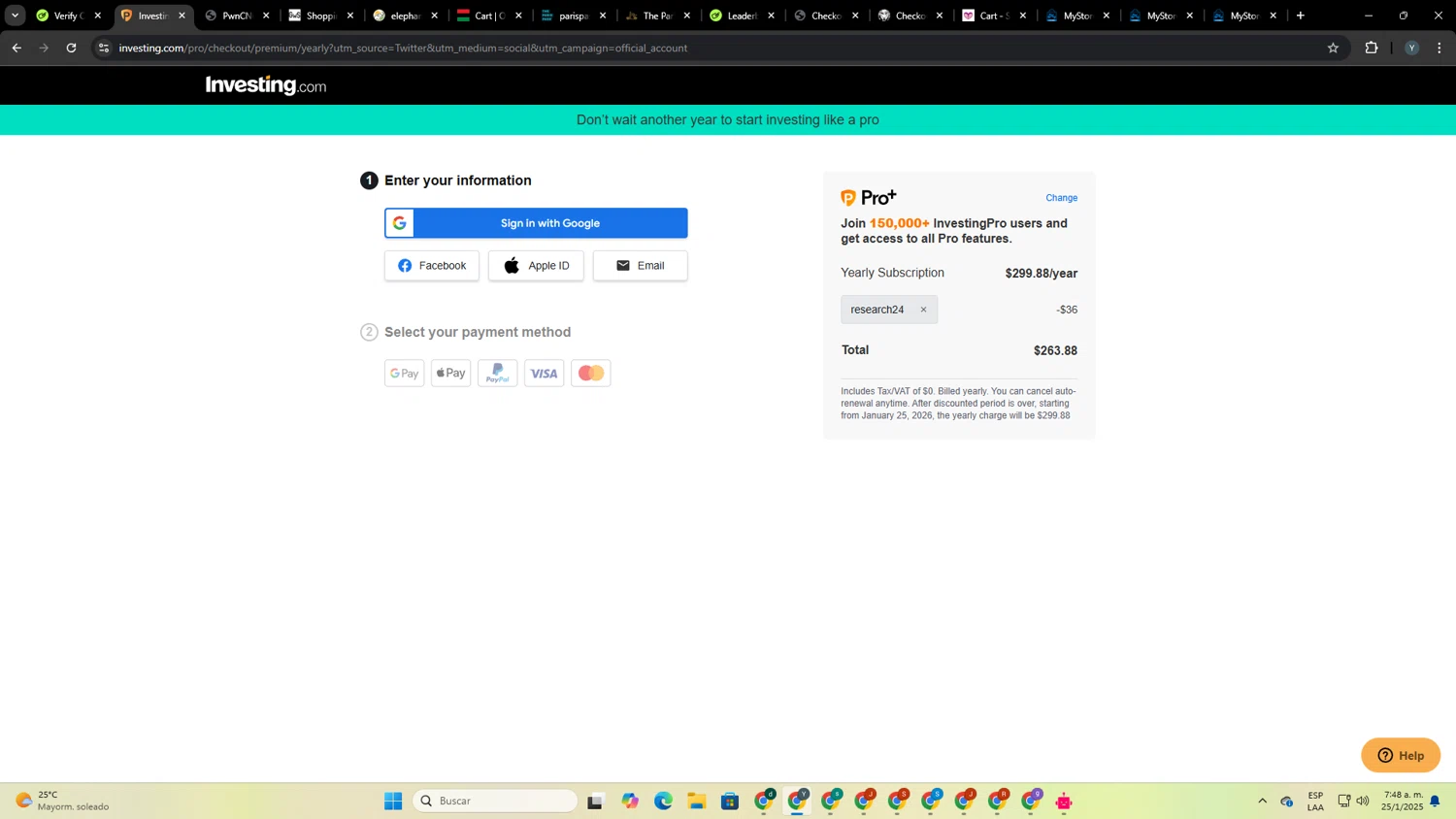 Investing Pro Plus checkout page showing Investing Pro Plus promo code box | Screenshot taken by SimplyCodes community member on Jan 25, 2025