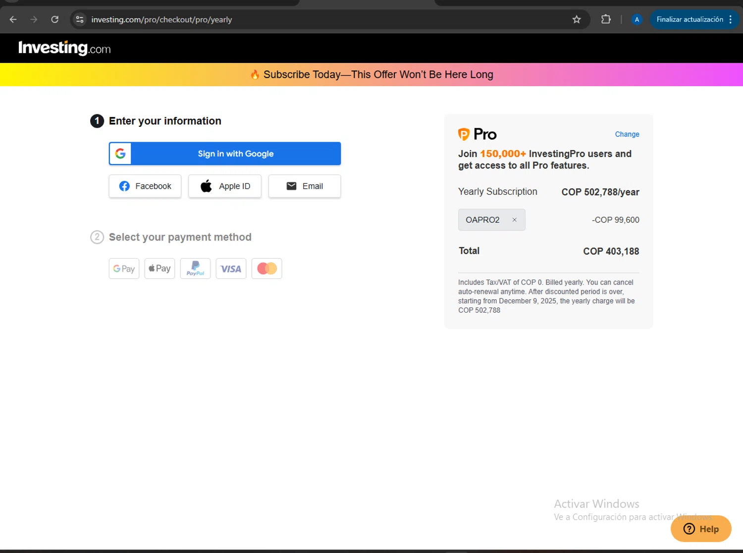 Investing Pro Plus checkout page showing Investing Pro Plus promo code box | Screenshot taken by SimplyCodes community member on Dec 9, 2024
