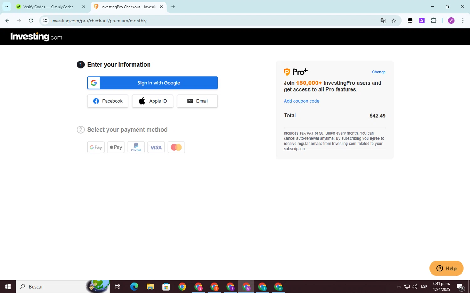 Investing Pro Plus checkout page showing Investing Pro Plus promo code box | Screenshot taken by SimplyCodes community member on Apr 12, 2025