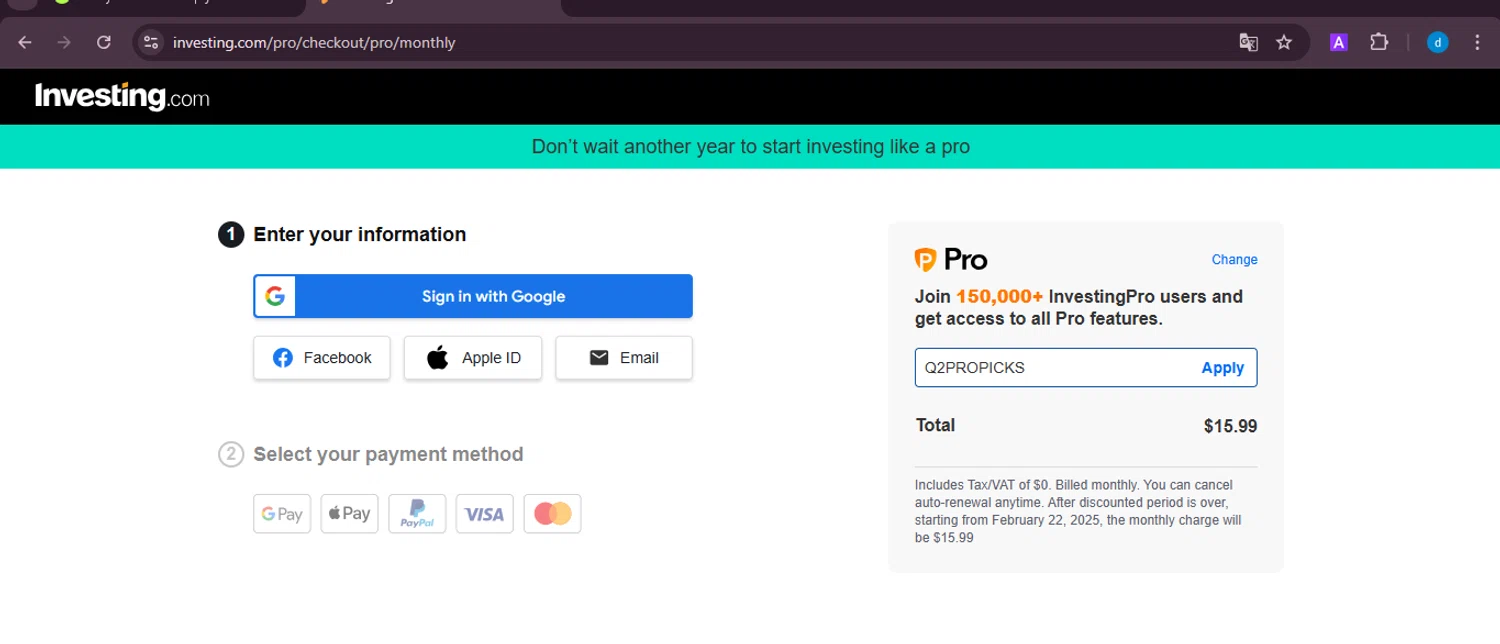 Investing Pro Plus checkout page showing Investing Pro Plus promo code box | Screenshot taken by SimplyCodes community member on Jan 22, 2025