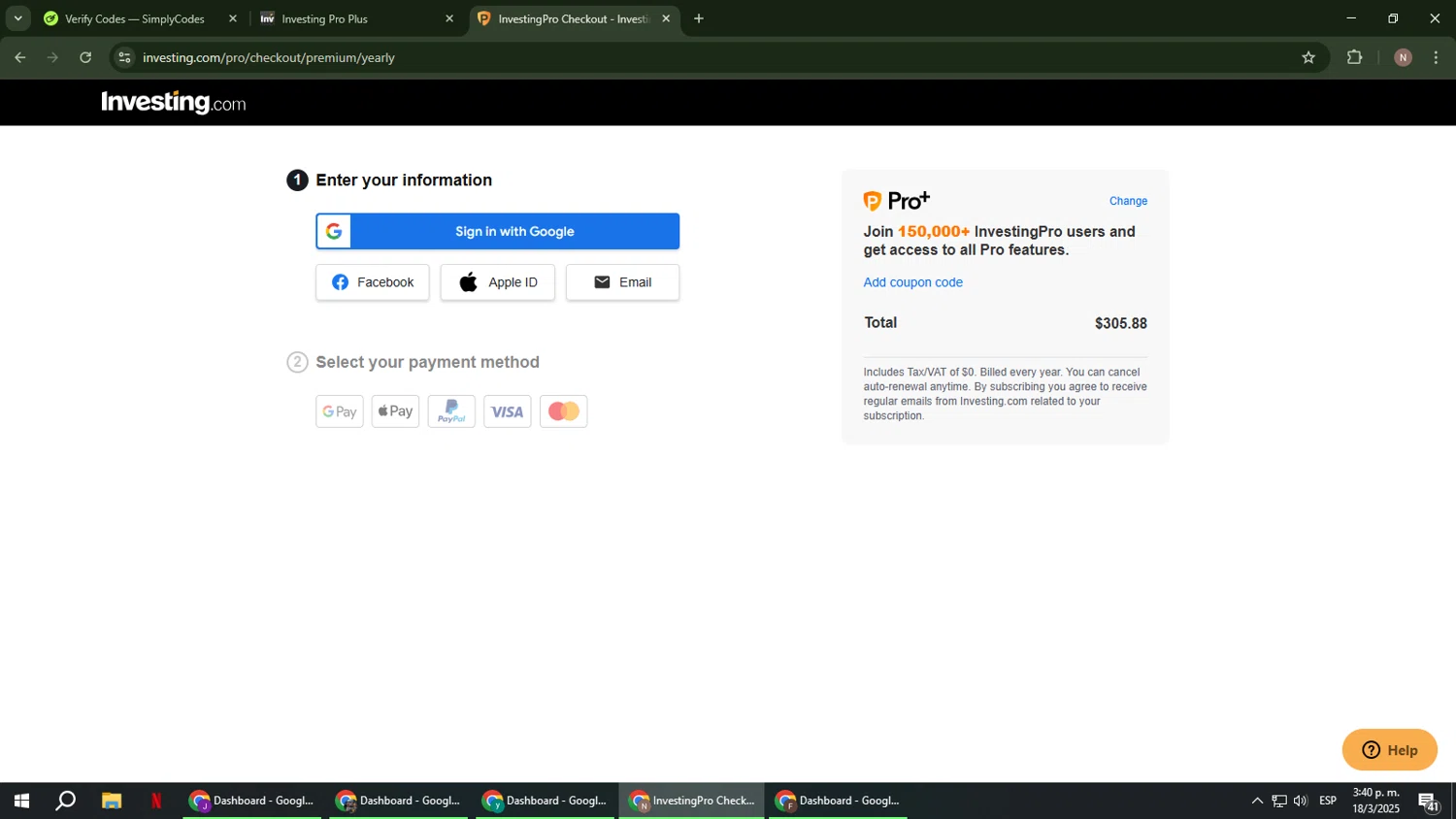Investing Pro Plus checkout page showing Investing Pro Plus promo code box | Screenshot taken by SimplyCodes community member on Mar 18, 2025
