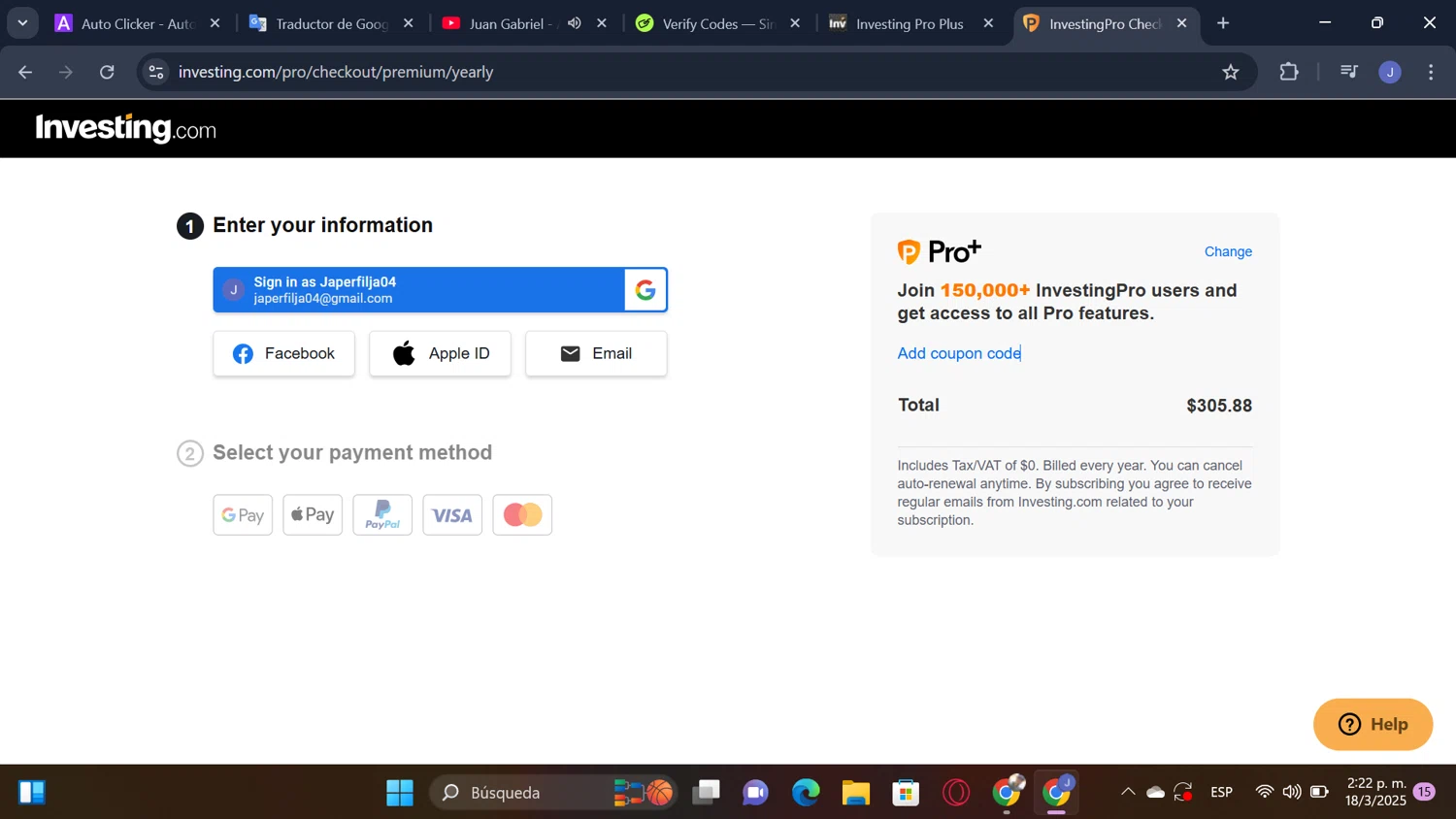 Investing Pro Plus checkout page showing Investing Pro Plus promo code box | Screenshot taken by SimplyCodes community member on Mar 18, 2025