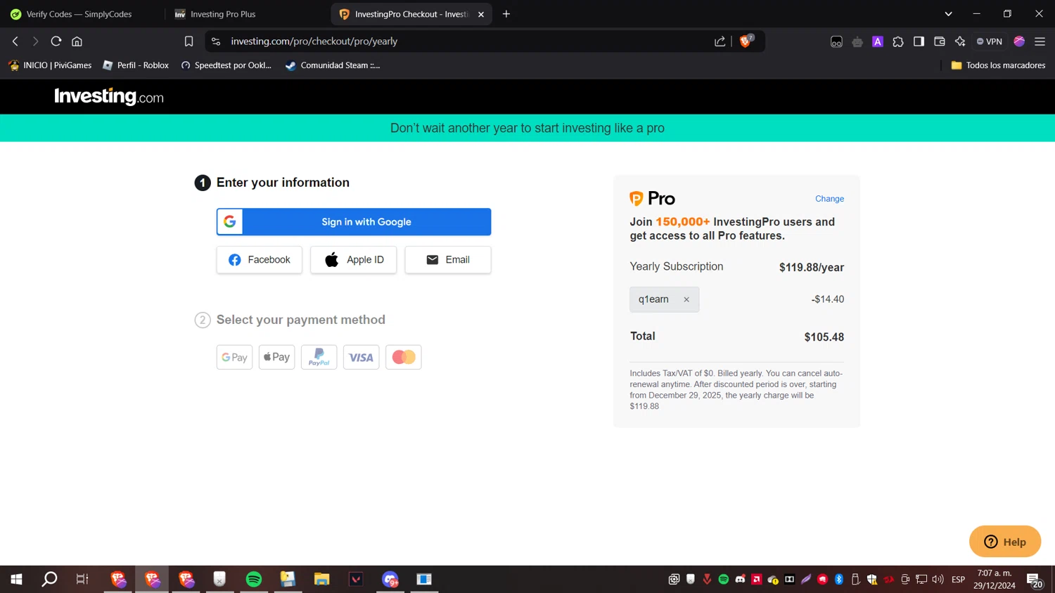 Investing Pro Plus checkout page showing Investing Pro Plus promo code box | Screenshot taken by SimplyCodes community member on Dec 29, 2024