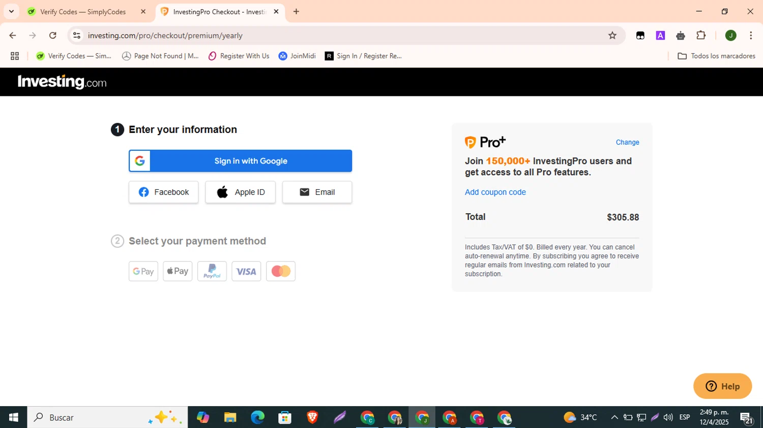 Investing Pro Plus checkout page showing Investing Pro Plus promo code box | Screenshot taken by SimplyCodes community member on Apr 12, 2025