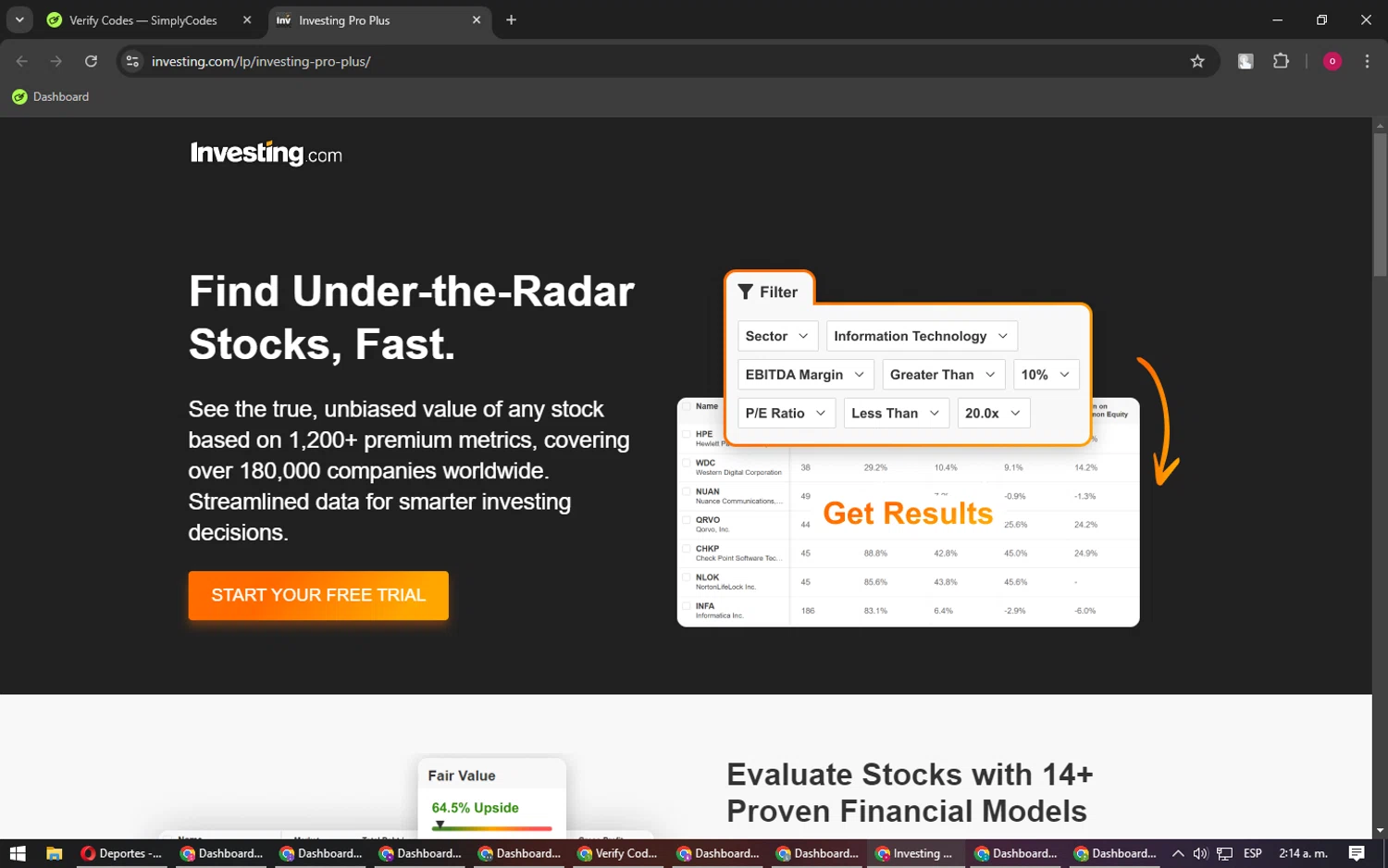 Investing Pro Plus checkout page showing Investing Pro Plus promo code box | Screenshot taken by SimplyCodes community member on Jan 22, 2025