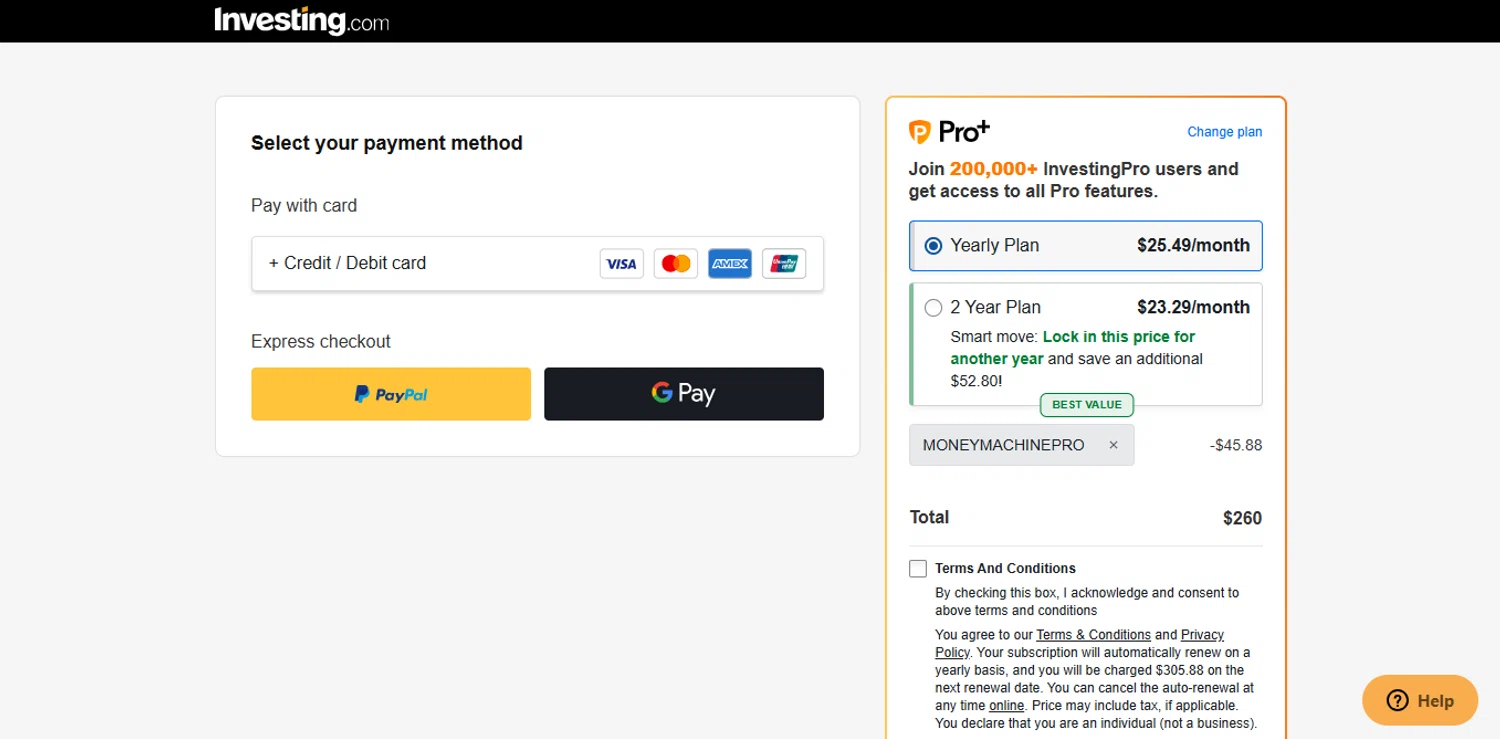 Investing Pro Plus promo code screenshot showing code MONEYMACHINEPRO applied at Investing Pro Plus checkout page. Uploaded by SimplyCodes community member ESTHER3121 on Sep 19, 2025