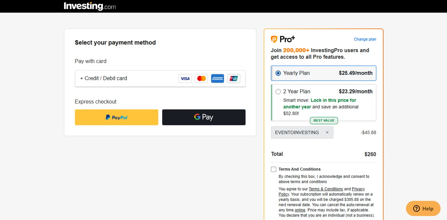 Investing Pro Plus promo code screenshot showing code EVENTOINVESTING applied at Investing Pro Plus checkout page. Uploaded by SimplyCodes community member ESTHER3121 on Sep 19, 2025