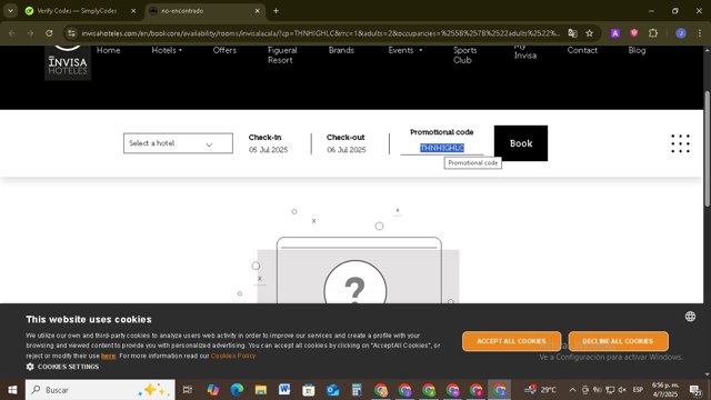 Invisa Hoteles checkout page showing Invisa Hoteles promo code box | Screenshot taken by SimplyCodes community member on Jul 4, 2025