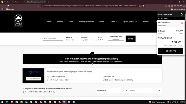 Invisa Hoteles checkout page showing Invisa Hoteles promo code box | Screenshot taken by SimplyCodes community member on Apr 20, 2025