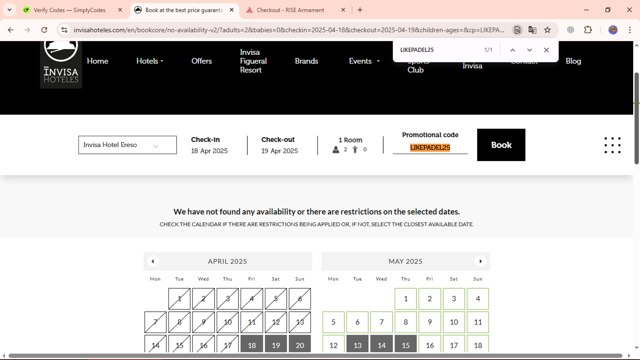 Invisa Hoteles checkout page showing Invisa Hoteles promo code box | Screenshot taken by SimplyCodes community member on Apr 18, 2025