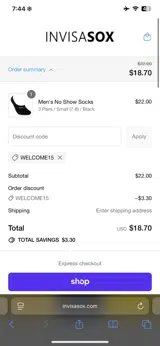 WELCOME15 coupon verification screenshot