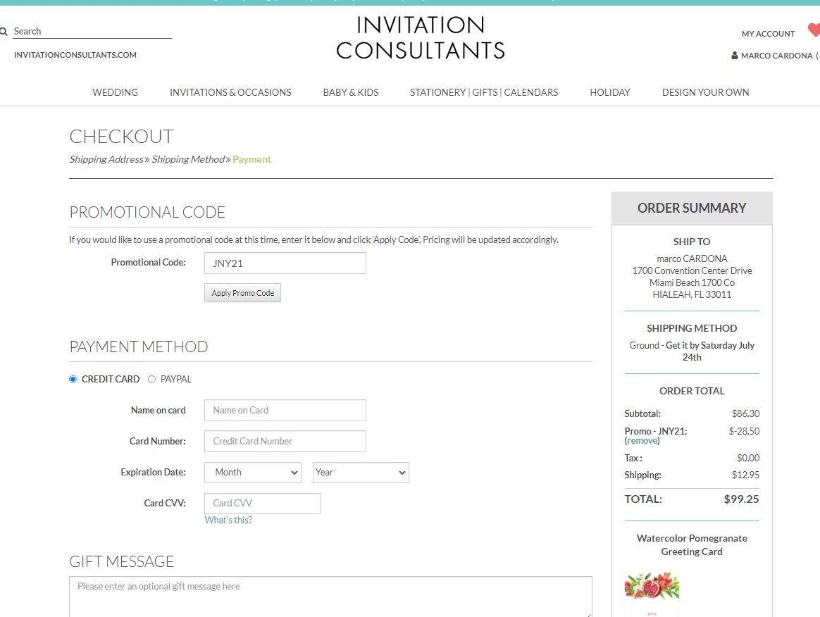Invitation Consultants checkout page showing Invitation Consultants promo code box | Screenshot taken by SimplyCodes community member on Jul 17, 2021
