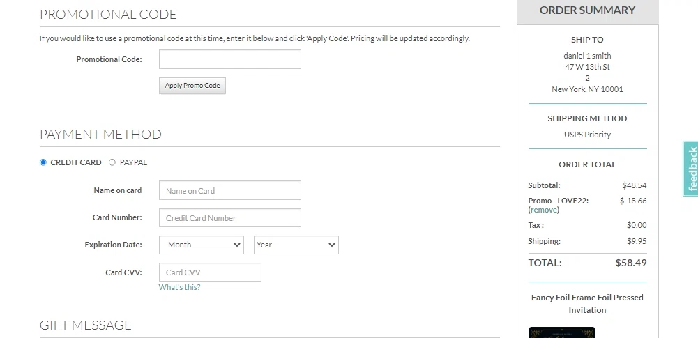 Invitation Consultants checkout page showing Invitation Consultants promo code box | Screenshot taken by SimplyCodes community member on Jan 31, 2022