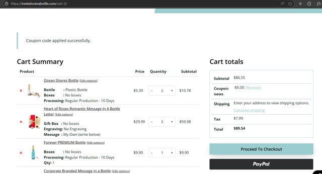 Invitation In A Bottle checkout page showing Invitation In A Bottle coupon code box | Screenshot taken by SimplyCodes community member on Jun 21, 2025