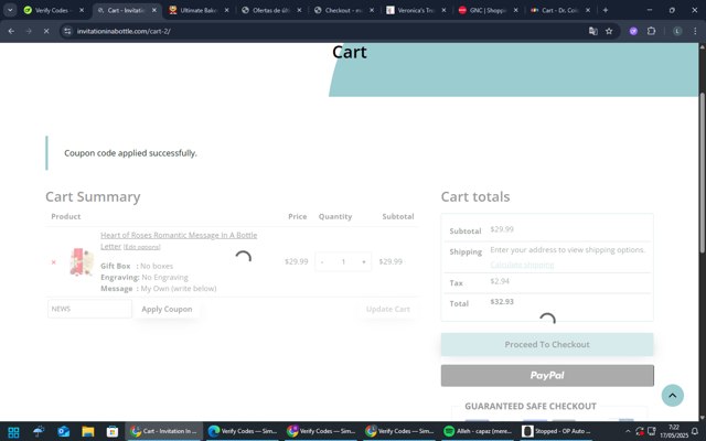 Invitation In A Bottle checkout page showing Invitation In A Bottle coupon code box | Screenshot taken by SimplyCodes community member on May 17, 2025