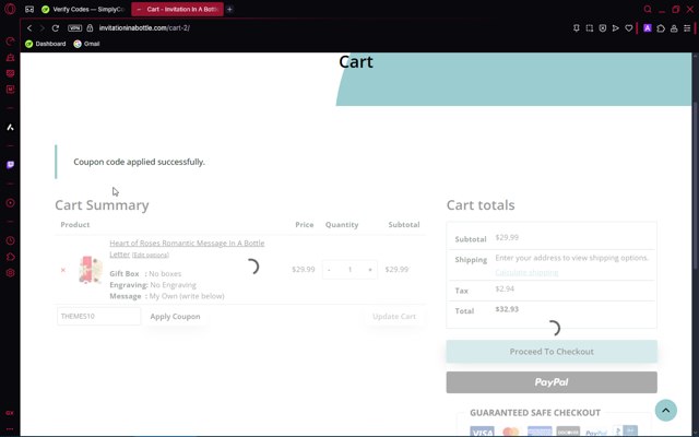 Invitation In A Bottle checkout page showing Invitation In A Bottle coupon code box | Screenshot taken by SimplyCodes community member on May 24, 2025