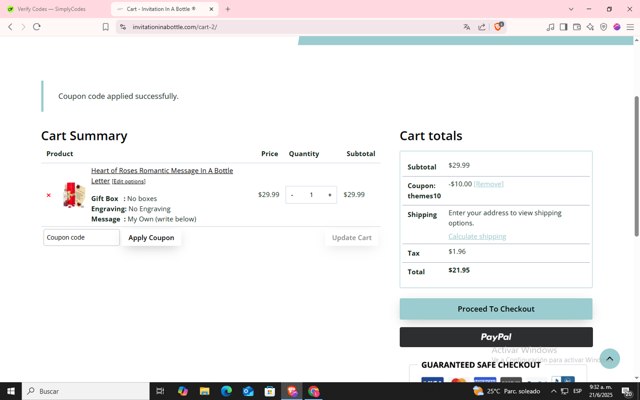 Invitation In A Bottle checkout page showing Invitation In A Bottle coupon code box | Screenshot taken by SimplyCodes community member on Jun 21, 2025