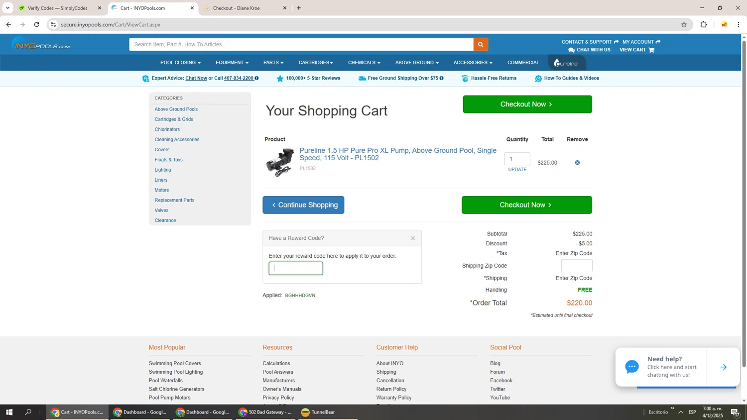 INYOpools checkout page showing INYOpools discount code box | Screenshot taken by SimplyCodes community member on Dec 4, 2025