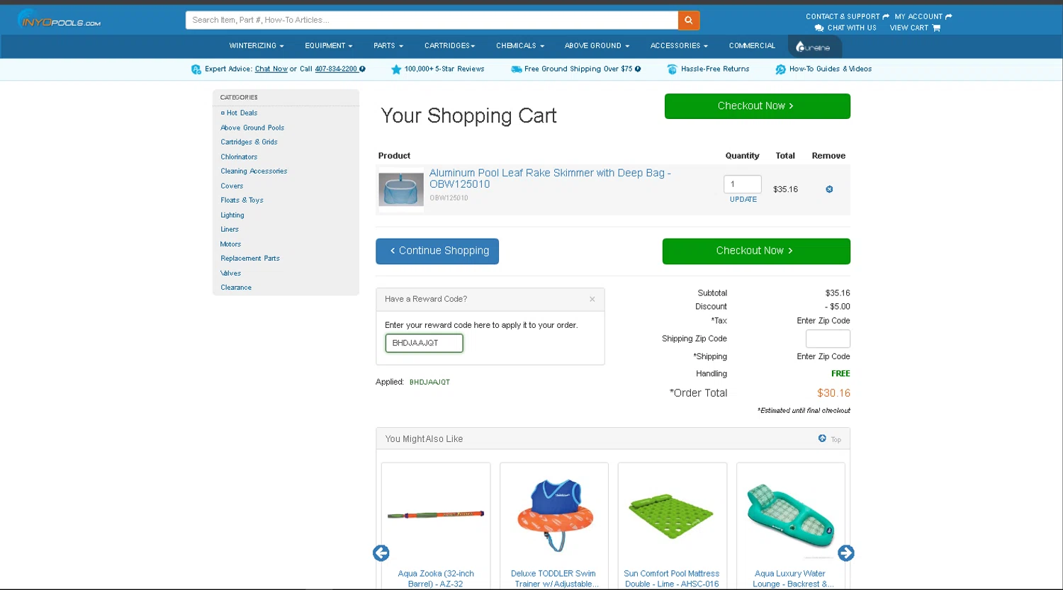INYOpools discount code screenshot showing code BHDJAAJQT applied at INYOpools checkout page. Uploaded by SimplyCodes community member Wilmitus on Jan 6, 2025