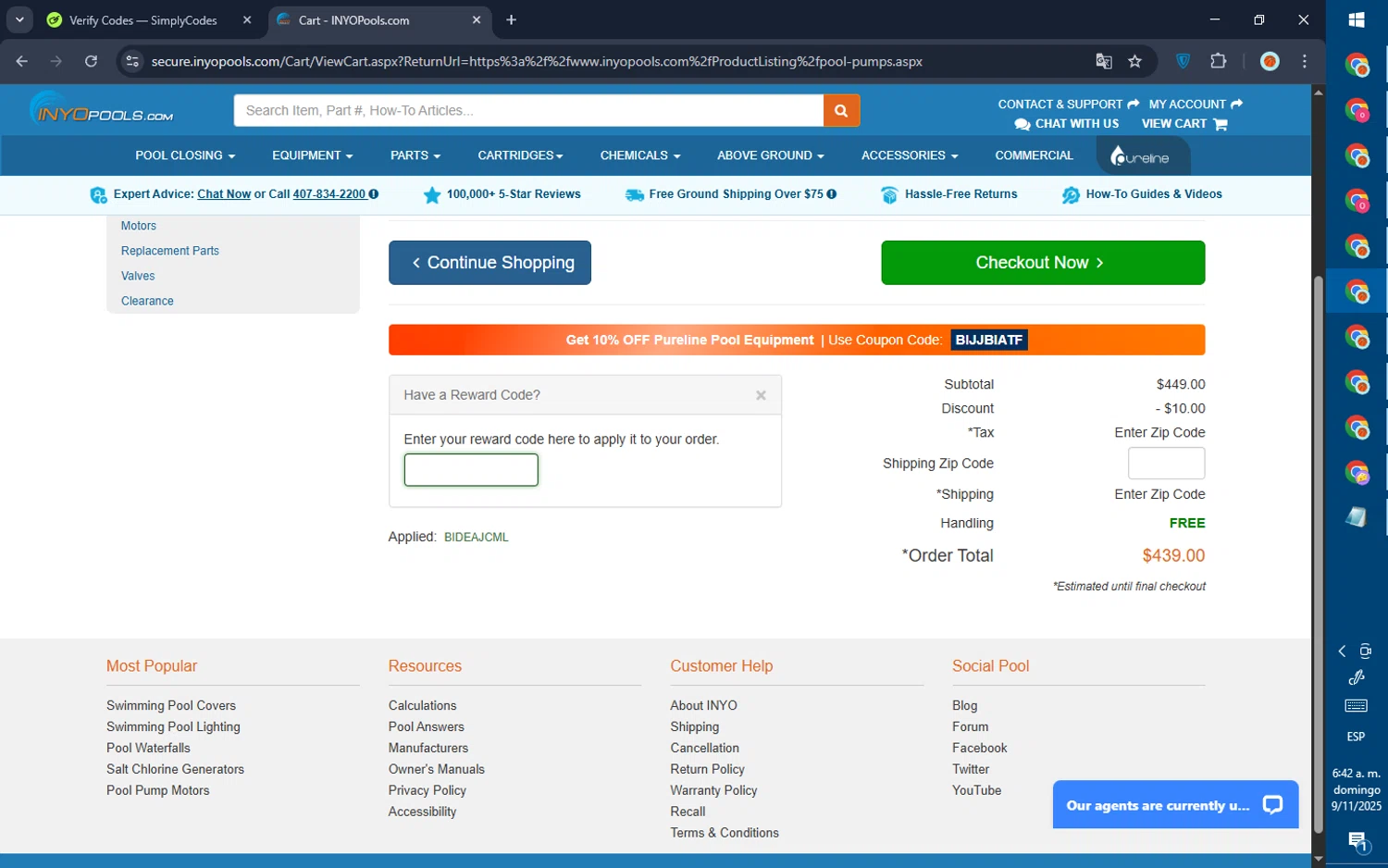 INYOpools discount code screenshot showing code BIDEAJCML applied at INYOpools checkout page. Uploaded by SimplyCodes community member GoldPilot5958 on Nov 9, 2025