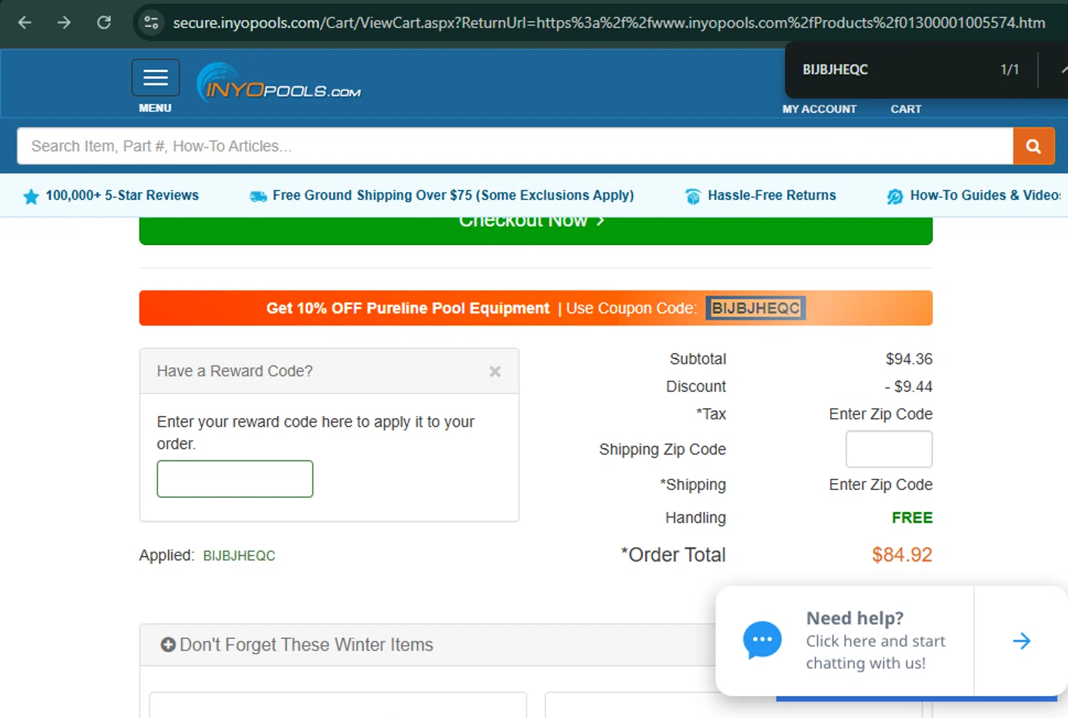 INYOpools discount code screenshot showing code BIDEAJCML applied at INYOpools checkout page. Uploaded by SimplyCodes community member xaswqe on Oct 11, 2025