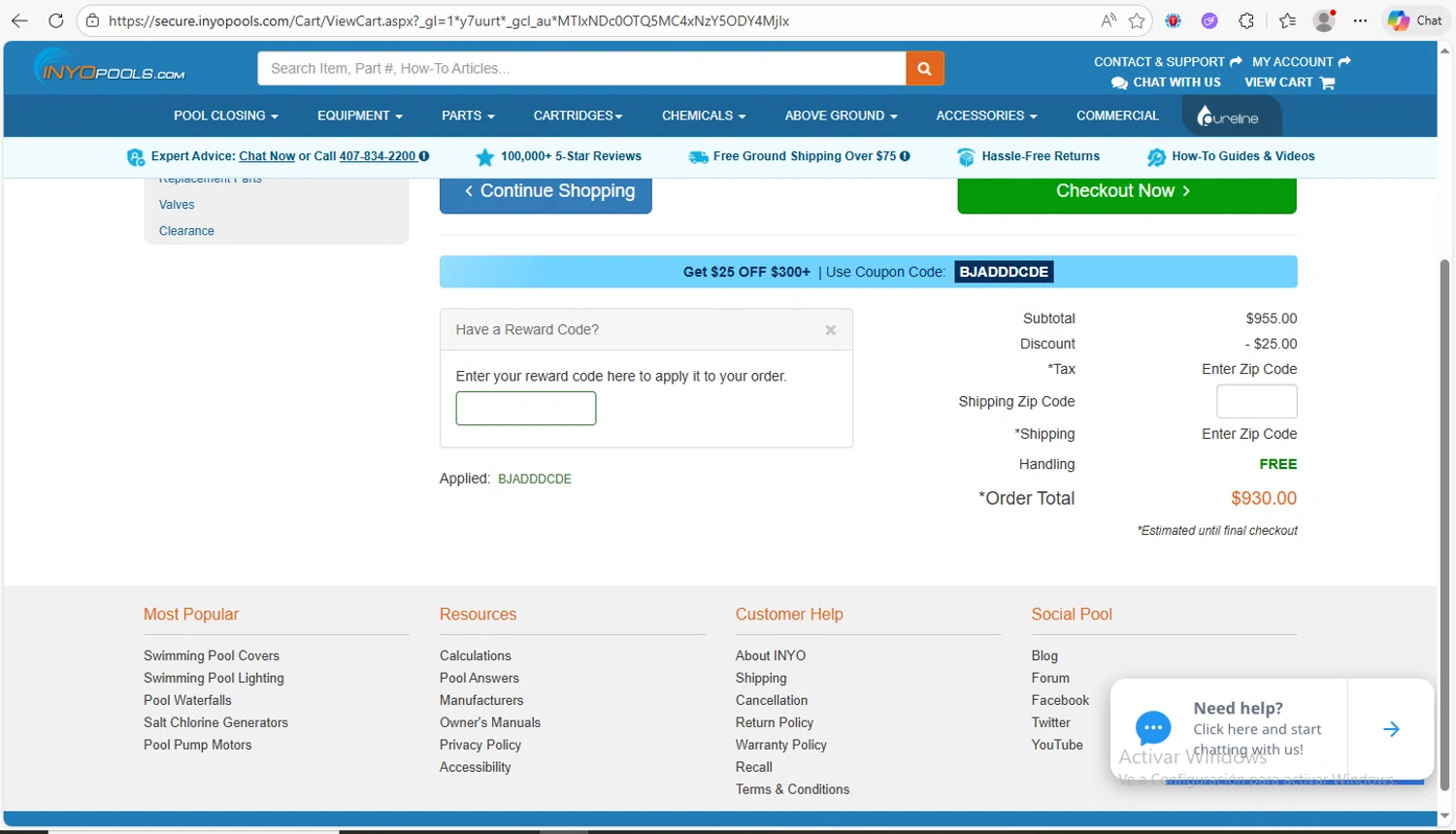 INYOpools checkout page showing INYOpools discount code box | Screenshot taken by SimplyCodes community member on Jan 31, 2026