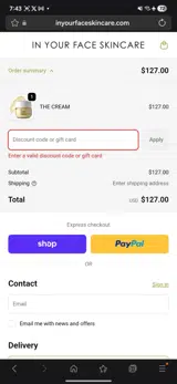 IN YOUR FACE SKINCARE coupon verification screenshot