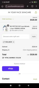IN YOUR FACE SKINCARE coupon verification screenshot