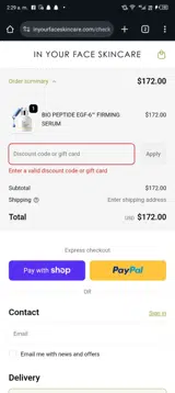 IN YOUR FACE SKINCARE coupon verification screenshot