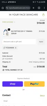 IN YOUR FACE SKINCARE coupon verification screenshot