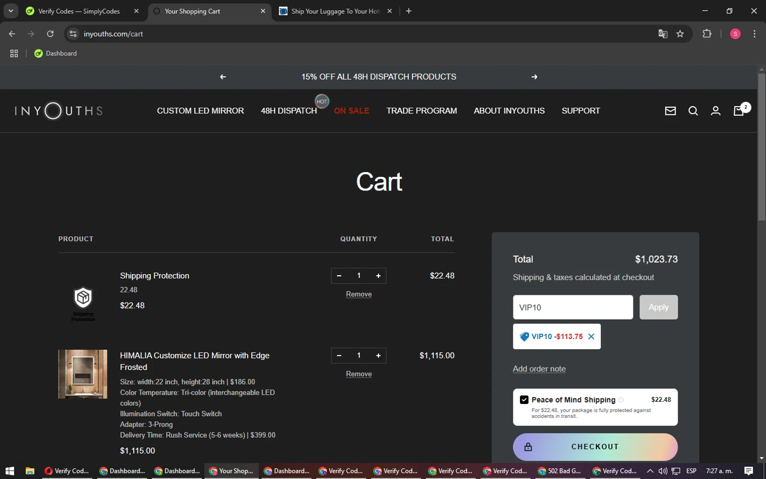 Inyouths discount code screenshot showing code VIP10 applied at Inyouths checkout page. Uploaded by SimplyCodes community member BargainPilot4994 on Feb 12, 2025