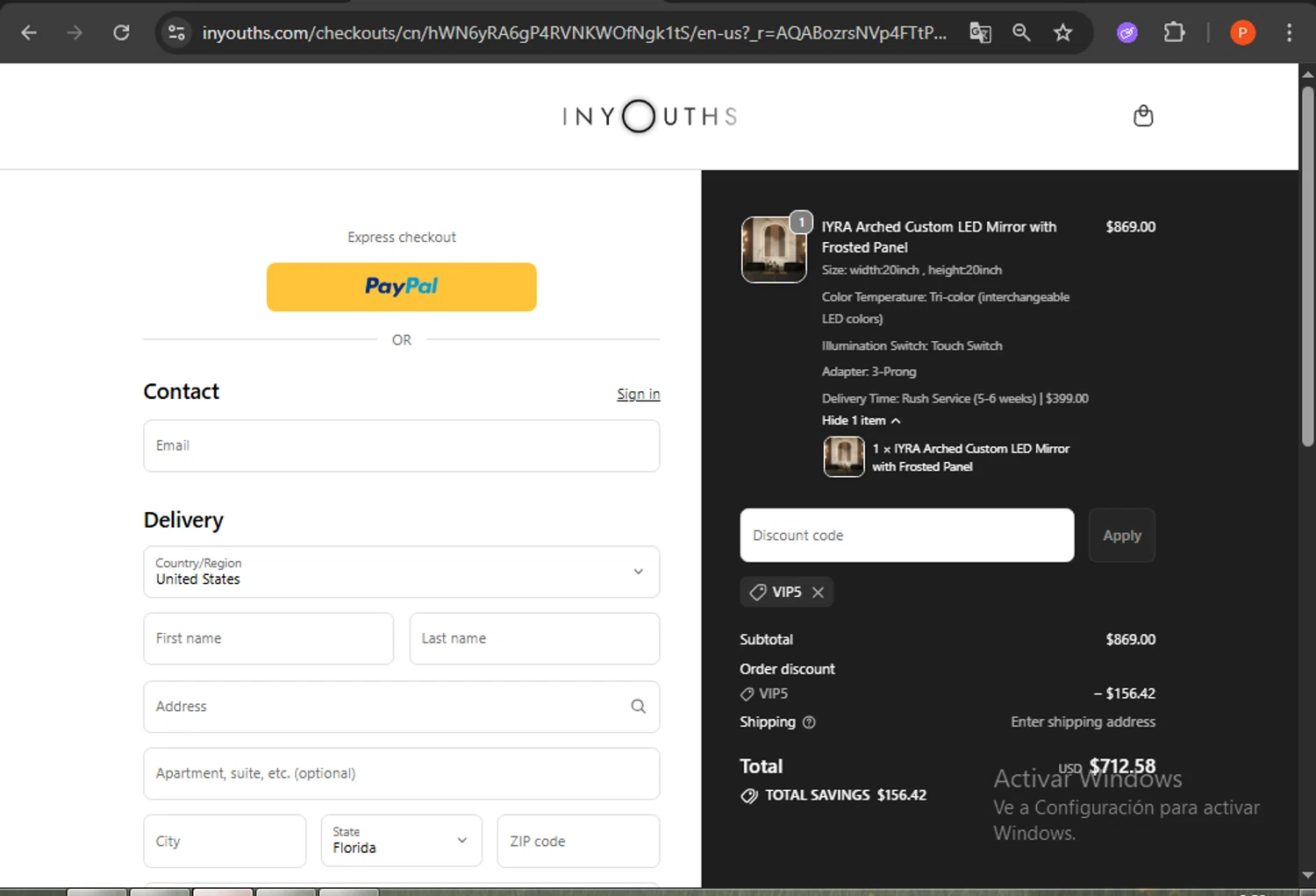 Inyouths discount code screenshot showing code VIP5 applied at Inyouths checkout page. Uploaded by SimplyCodes community member WonderDefender6772 on Dec 29, 2025