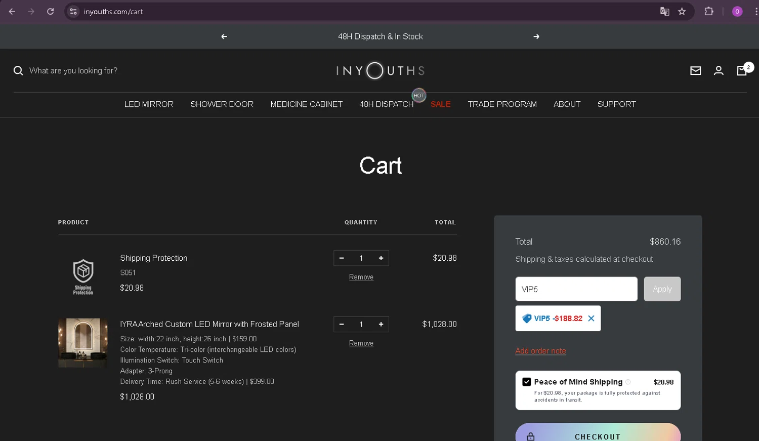 Inyouths discount code screenshot showing code VIP5 applied at Inyouths checkout page. Uploaded by SimplyCodes community member oder007 on Jul 27, 2025