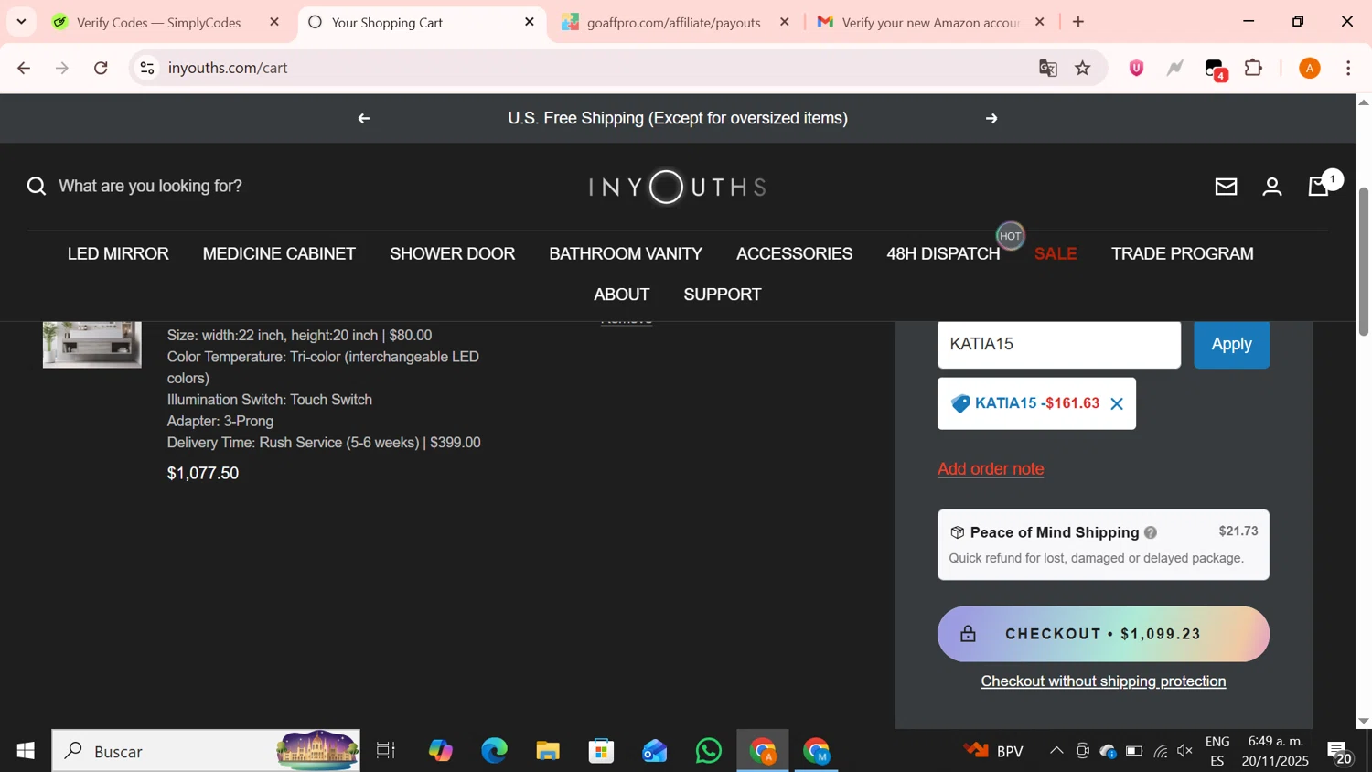Inyouths discount code screenshot showing code KATIA15 applied at Inyouths checkout page. Uploaded by SimplyCodes community member BrilliantPro4121 on Nov 20, 2025