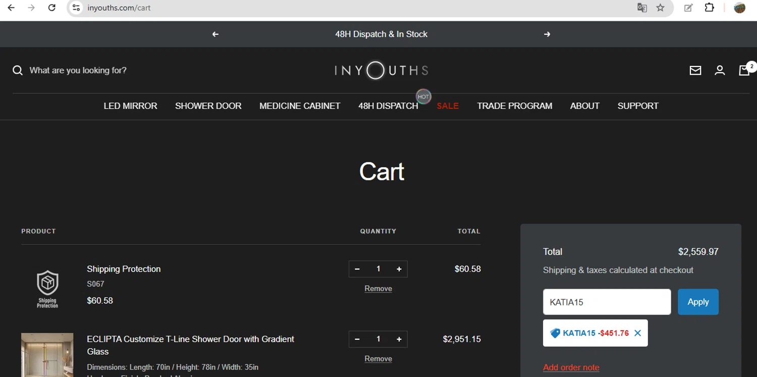 Inyouths discount code screenshot showing code KATIA15 applied at Inyouths checkout page. Uploaded by SimplyCodes community member FundoEsperanza on Jul 23, 2025