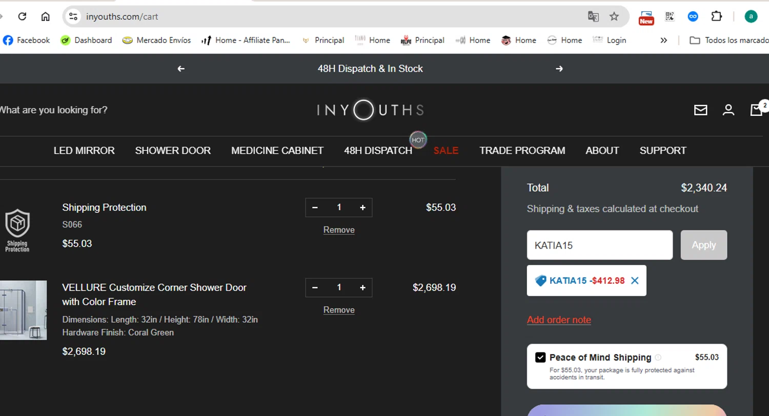 Inyouths discount code screenshot showing code KATIA15 applied at Inyouths checkout page. Uploaded by SimplyCodes community member anthonydiaz1 on Jul 23, 2025