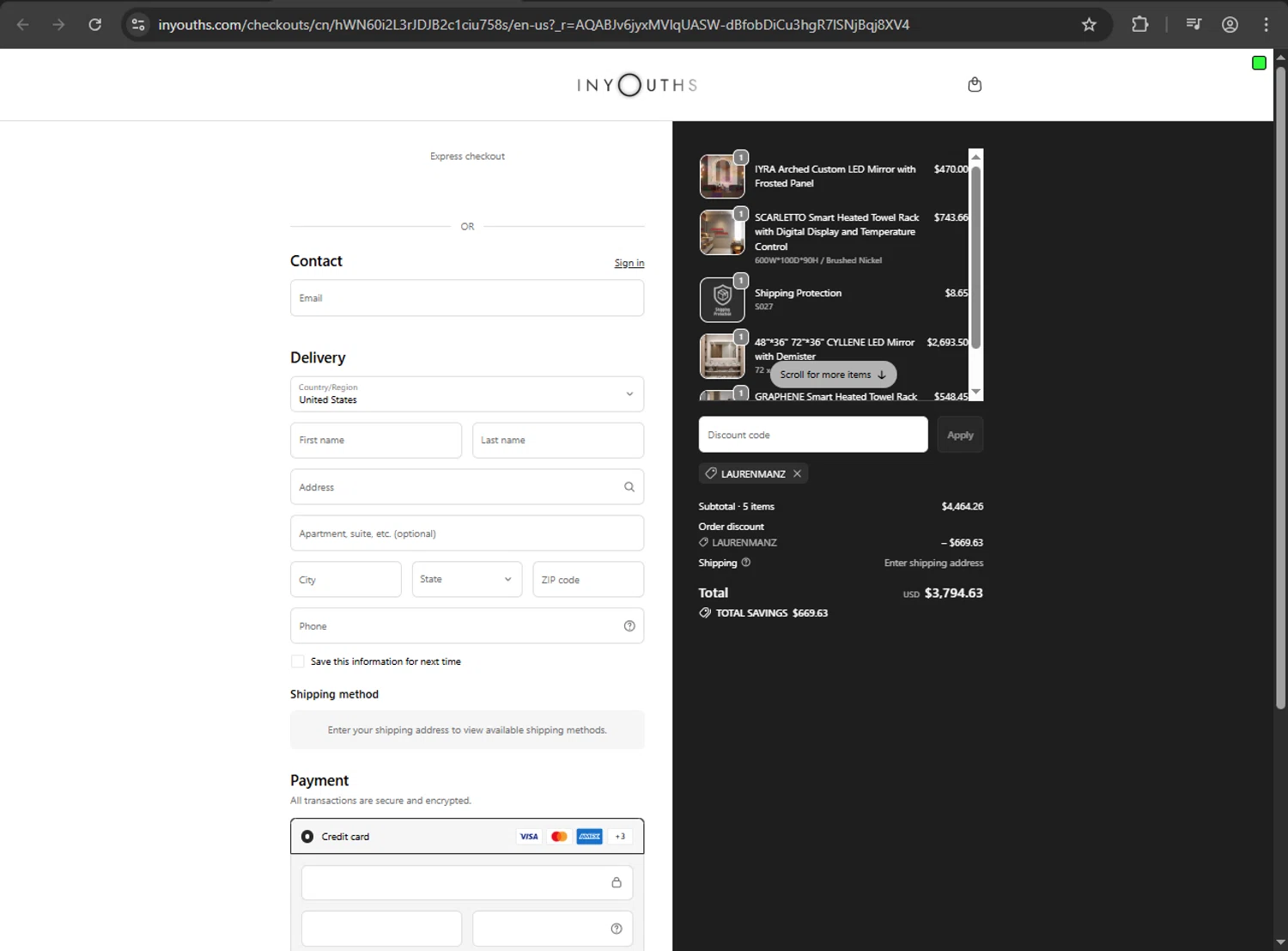 Inyouths discount code screenshot showing code LaurenManz applied at Inyouths checkout page. Uploaded by SimplyCodes community member anthonyramirez1 on Dec 3, 2025