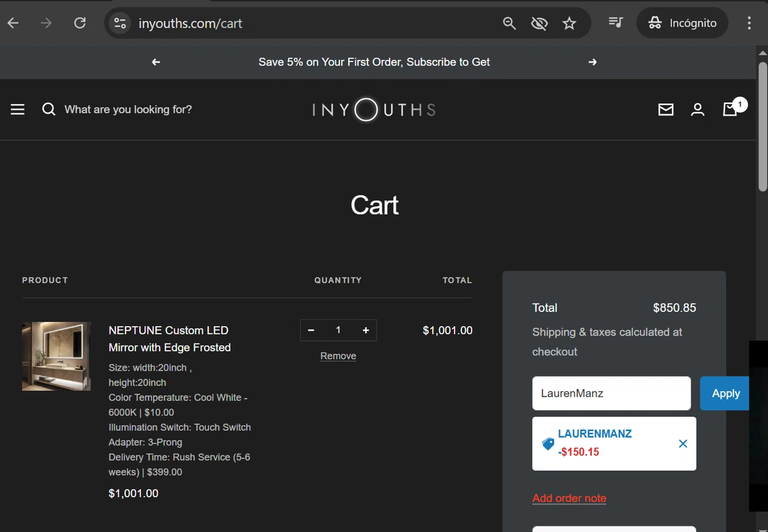 Inyouths discount code screenshot showing code LaurenManz applied at Inyouths checkout page. Uploaded by SimplyCodes community member anosesmith on Dec 3, 2025