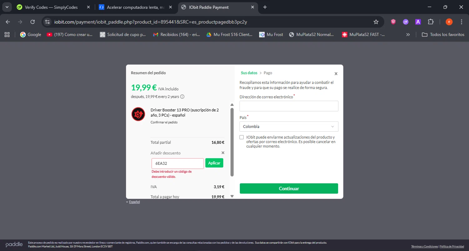 IObit coupon code screenshot showing code 6EA32 applied at IObit checkout page. Uploaded by SimplyCodes community member BrilliantSleuth7740 on Dec 9, 2025