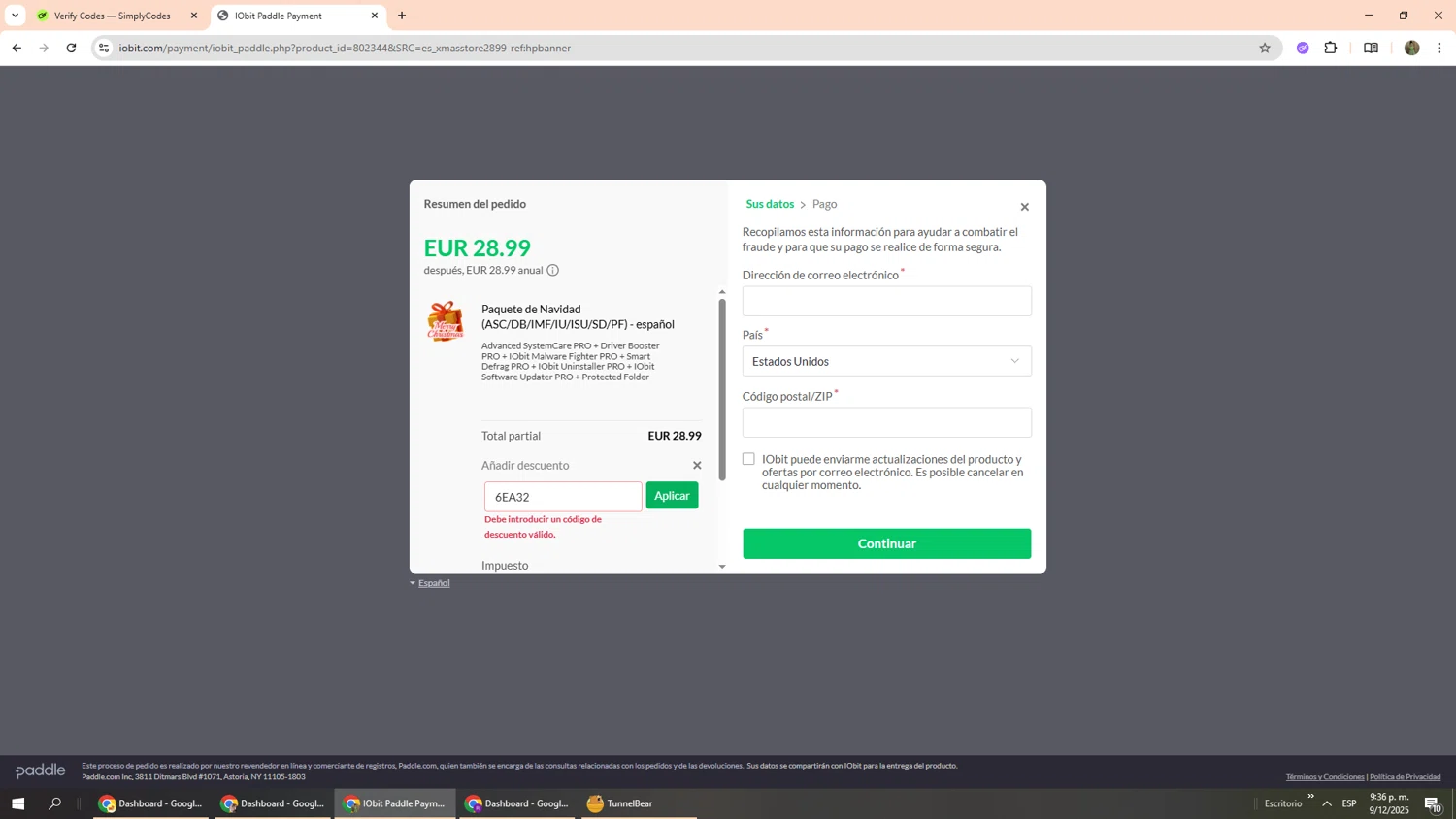 IObit coupon code screenshot showing code 6EA32 applied at IObit checkout page. Uploaded by SimplyCodes community member Phoenix585 on Dec 10, 2025