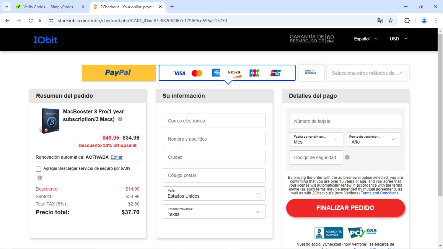 IObit checkout page showing IObit coupon code box | Screenshot taken by SimplyCodes community member on Jul 16, 2025
