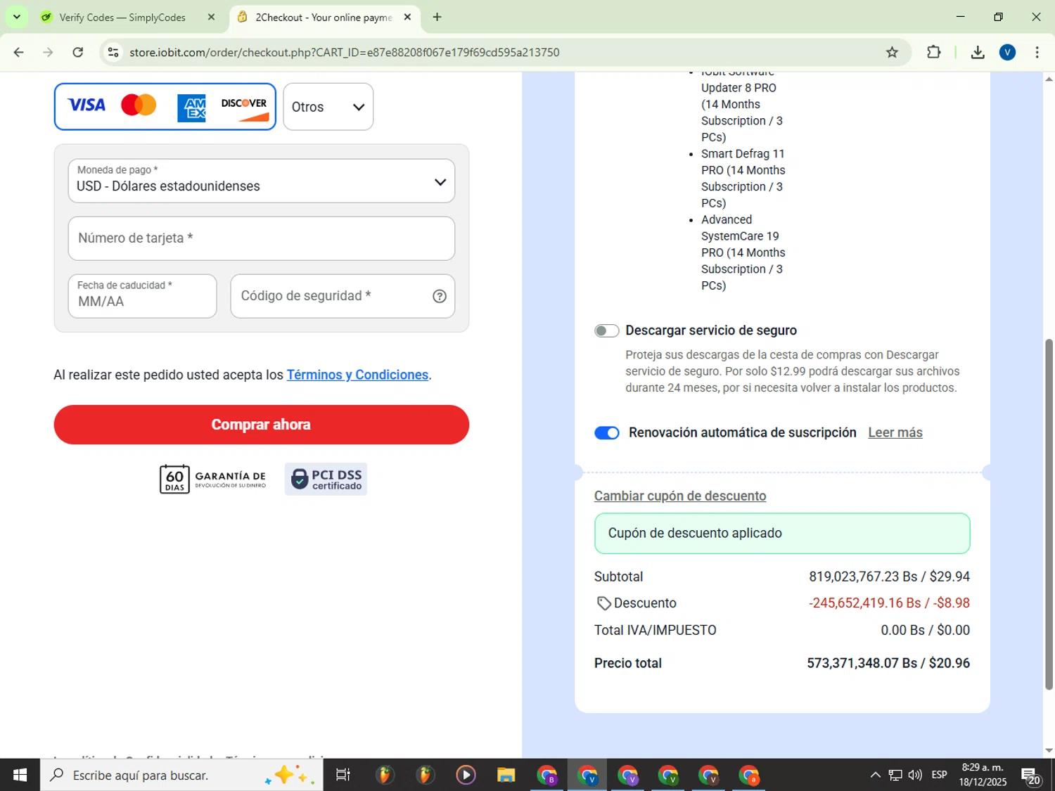 IObit coupon code screenshot showing code UPSELLIT30 applied at IObit checkout page. Uploaded by SimplyCodes community member Garou_Y2K on Dec 18, 2025