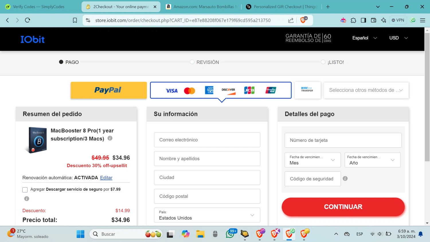 IObit checkout page showing IObit coupon code box | Screenshot taken by SimplyCodes community member on Oct 3, 2024
